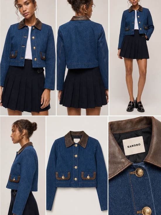 Sandro Jackets & Blazers - Sandro Cropped Denim Jacket Brown Leather Collar Parisian Size 36